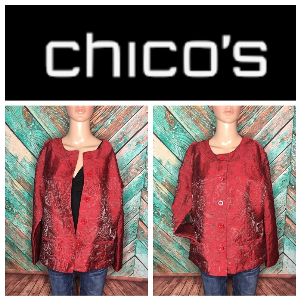 Chico’s Burgundy Lined Metallic Lace Jacket